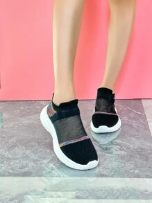 Unisex Summer Mesh-increase Height Single Network Breathable Sport Shoes, Air-conditioning Shoes, Walking Shoes, Slip-on Black Casual Shoes