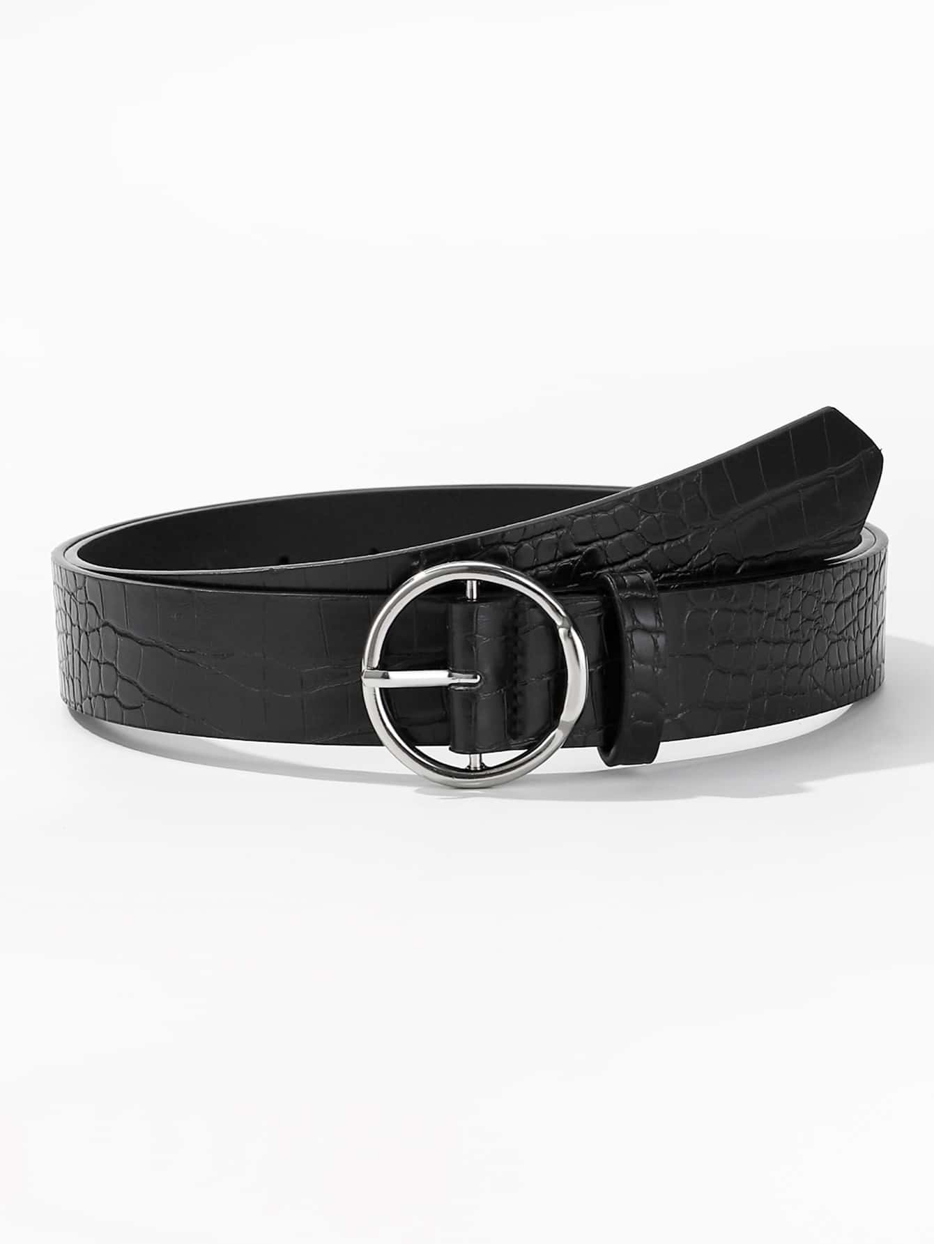 1pc White K Circular Raised Buckle Fashion Decor All-Match Crocodile Pattern Pu Belt For Daily Wear Summer, School Fall, Autumn, Halloween - Black - View 1