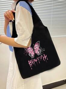 2pcs Y2K Cute Butterfly Letter Print Front Pocket Shoulder Bag Casual Pattern Portable Combo Bag Lightweight Shopping Bag With Small Bag,School Bag,Large Capacity,Portable,For Teen Girls Women College Students,White-Collar Workers,Perfect For Work,Back To School,Middle School,High School,College,Vacation, School Bag With Pouch For Women Valentines - Black - View 2