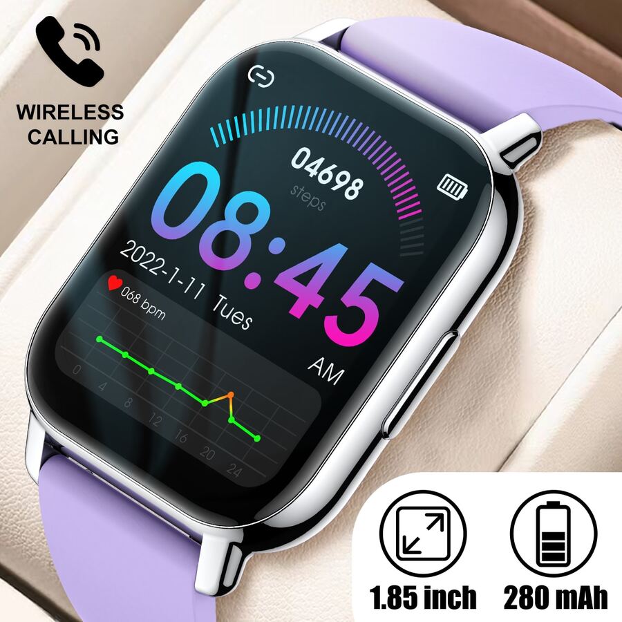 2023新款智能手錶適合男士女性健身BT智能手錶適用於安卓手機iPhone防水跑步運動數字手錶血壓心率檢測睡跟踪器 - 紫色 - 查看 1