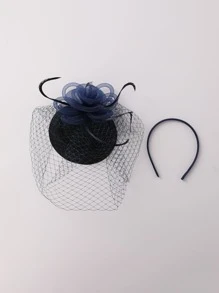 2pcs/Set Women's Plain Feather & Mesh Fascinator With Flower Design Hat, Suitable For Daily Wear And Parties - Navy Blue - View 2