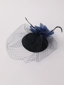 2pcs/Set Women's Plain Feather & Mesh Fascinator With Flower Design Hat, Suitable For Daily Wear And Parties - Navy Blue - View 5