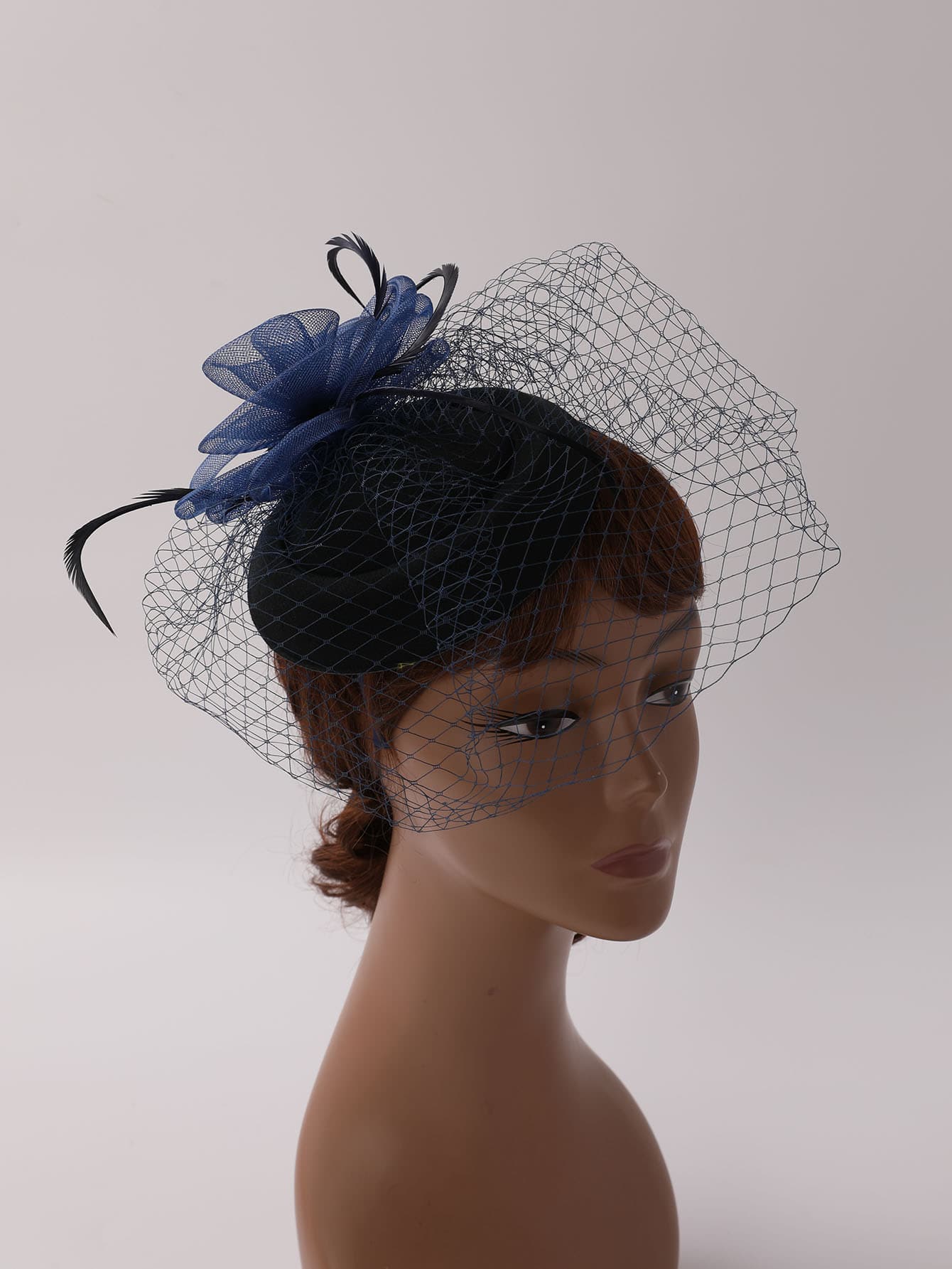 2pcs/Set Women's Plain Feather & Mesh Fascinator With Flower Design Hat, Suitable For Daily Wear And Parties - Navy Blue - View 1
