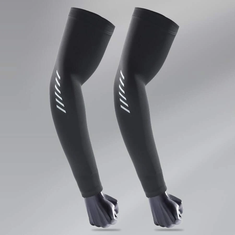 防晒抗紫外线 1 对男女通用弹力凉爽防晒冰丝骑行自行车臂套袖套，适合骑自行车和骑摩托车 - 黑色 - 查看 1