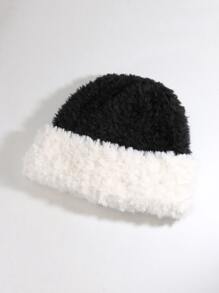 1pc Ladies' Simple Casual Rimless Plush Knitted Hat In Black & White, Perfect For Daily Use In Fall/winter - Black and White - View 4