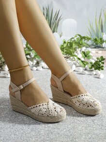 Damen Wedges mit geschlossener Spitze, aus Spitze und Netzgewebe, gewebte Stroh-Keilabsatz und dicker Sohle, Sommer - Beige - Übersicht 2