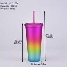 1pc 700ml Rainbow Colored Plastic Double-layered Drinking Cup With Frosted Texture, Straw, And Portable Design Suitable For Outdoor Sports - Royal Blue - View 3