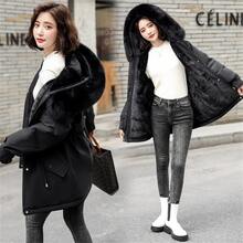 Women's Long Fur Collar Plush Lining Jacket - Black - View 2
