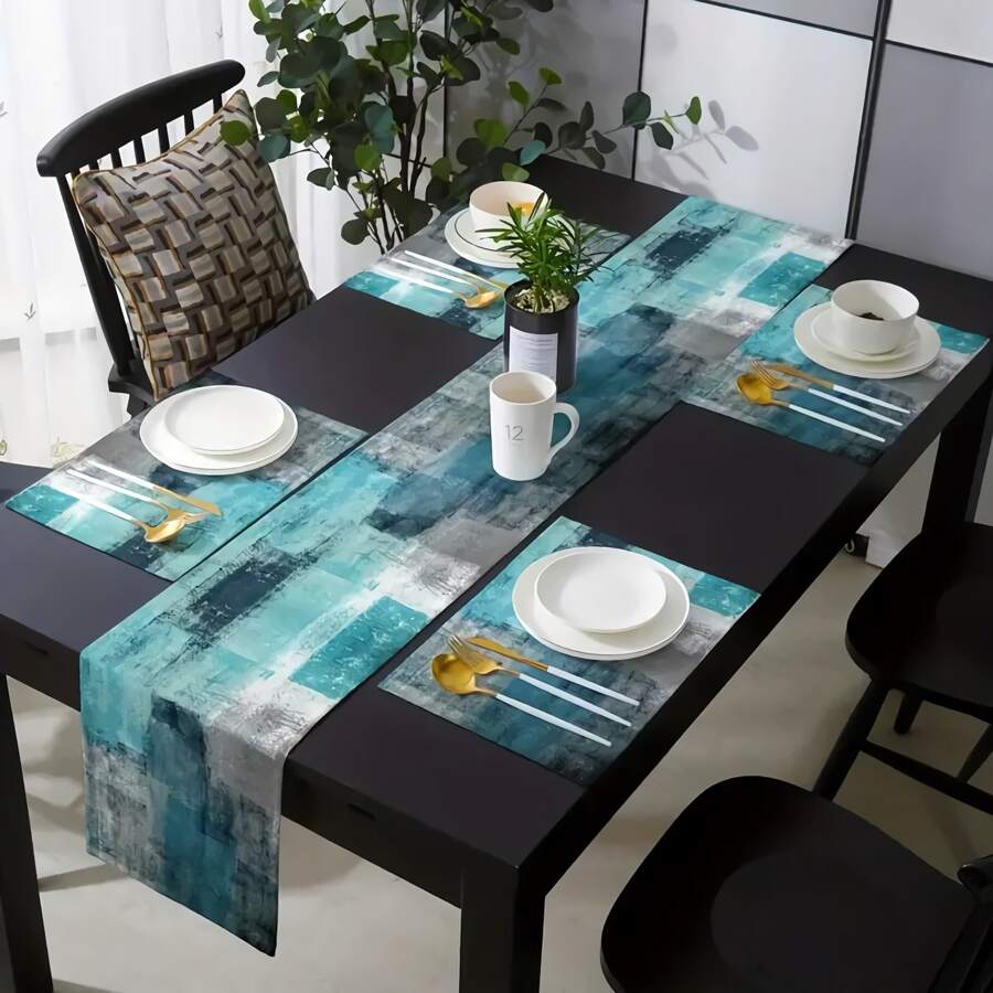 1/4 piezas arte abstracto pintura , resistente al calor Mantel de cocina durable con lavable gris azulado mesa adorno casa de campo Tapete de comedor adecuado para cena fiestas - Azul - Ver 1