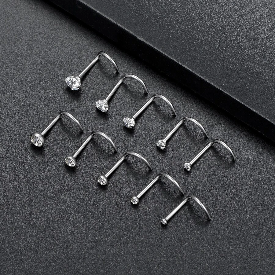 1pc Stainless Steel Nose Screw Stud Ring With Cubic Zirconia, Silver