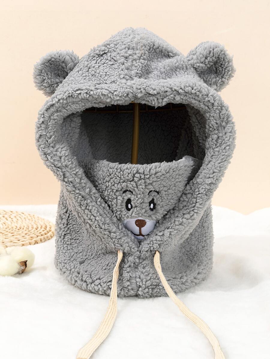 1 Stück Jungen & Mädchen Graue Tierohren Bestickte Dekoration Gestrickte Mütze Mit Schal & Maske, Warm Und Süß, Geeignet Für Den Täglichen Herbst Und Winter Tragen - Grau - Übersicht 1