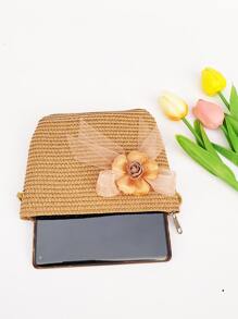 2pcs/Set Ladies' Floral Headband Decorated Khaki Woven Sun Hat And Woven Bag Combination, Fashionable And Fresh Style, Suitable For Outdoor Travel, Beach, With Sun Protection And Uv Protection, Convenient To Carry, The Hat Can Be Folded Boho Valentine's Day Valentines Valentines Gift - Khaki - View 5