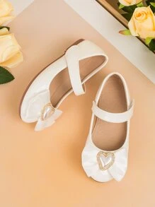 1 Pair Princess Flats With Heart-Shaped Rhinestone Hook And Loop Fastening, Handmade, Suitable For All Seasons - White - View 4