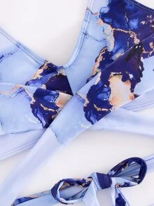 Marble Print Wrap Ruffle Hem Bikini Set With Beach Skirt Summer - Multicolor - View 4