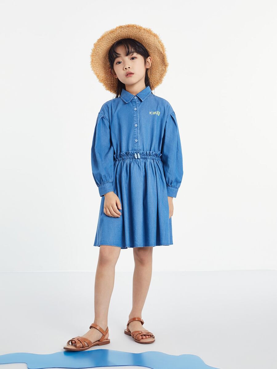 Annil 兒童春秋季可調腰帶長袖青少年女童牛仔連衣裙藍色 - 藍色 - 查看 1