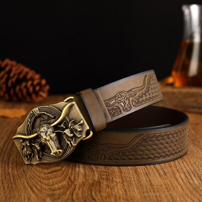 Fibbia per cintura in stile western, larga 3,7 cm, con motivo a testa di mucca, superficie liscia con stampa floreale, design con fori perforati, adatta per l'uso casual, aziendale, come regalo per il fidanzato, marito, padre o papà, per l'uso quotidiano, moda, adolescenti, attività all'aperto, vacanze, atletica, viaggi, stile boho, autunno-inverno, adatta per adolescenti, giovani, uomini, casual, all'aperto, atletica, vacanze, regali di laurea, compleanni, uso quotidiano
