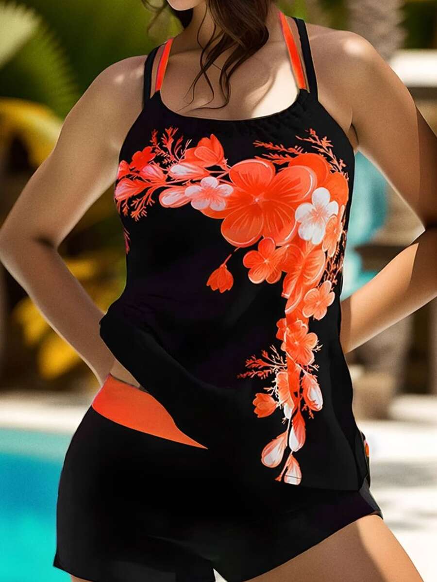 Women's Floral Printed Back Cross Strap Tankini Swimwear - Orange - View 1