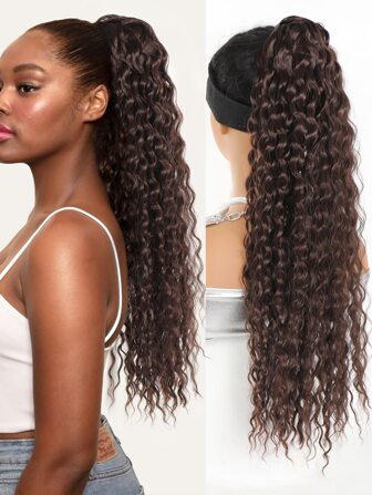 24/30英寸提花萬人迷棕色髮尾,女士深波浪髮延伸、卷曲馬尾裝飾、合成剪髮夾式髮尾夾