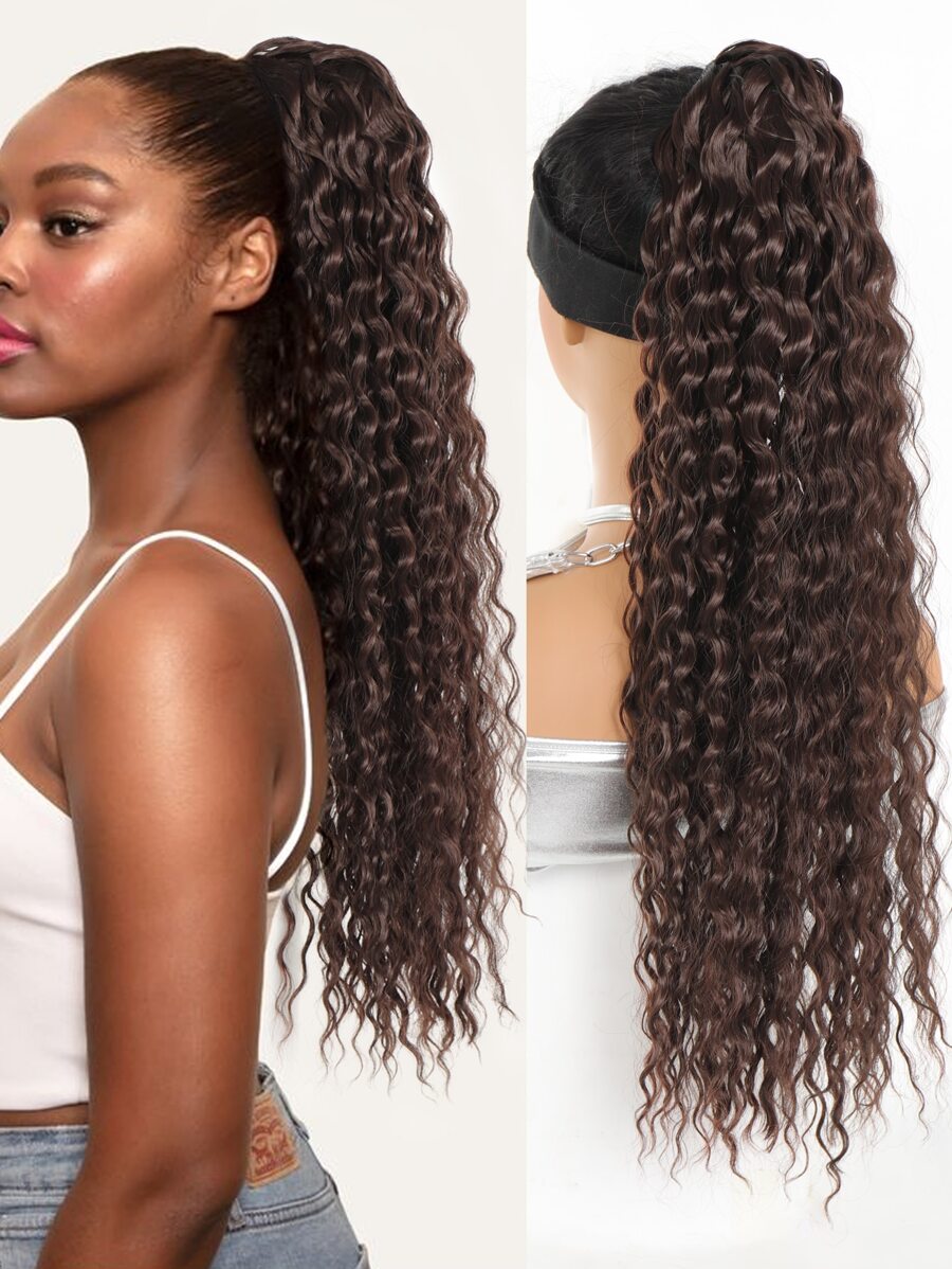 Drawstring Ponytail Extension Honey Brown 24/30 Inch Long Ponytail For Women Deep Wave Hair Extensions Ponytail Curly Pony Tails Synthetic Clip In Ponytail Hair Extensions - Coffee Brown - View 1