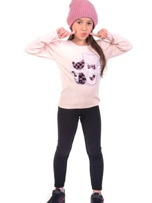 Sueter tejido de Punto strech para niña con parche de gatitos con lentejuela reversible CSK-005 - Beis - Ver 1