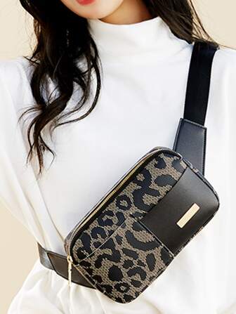 1入組黑色時尚圓點印花編織肩帶日常使用腰包/胸包