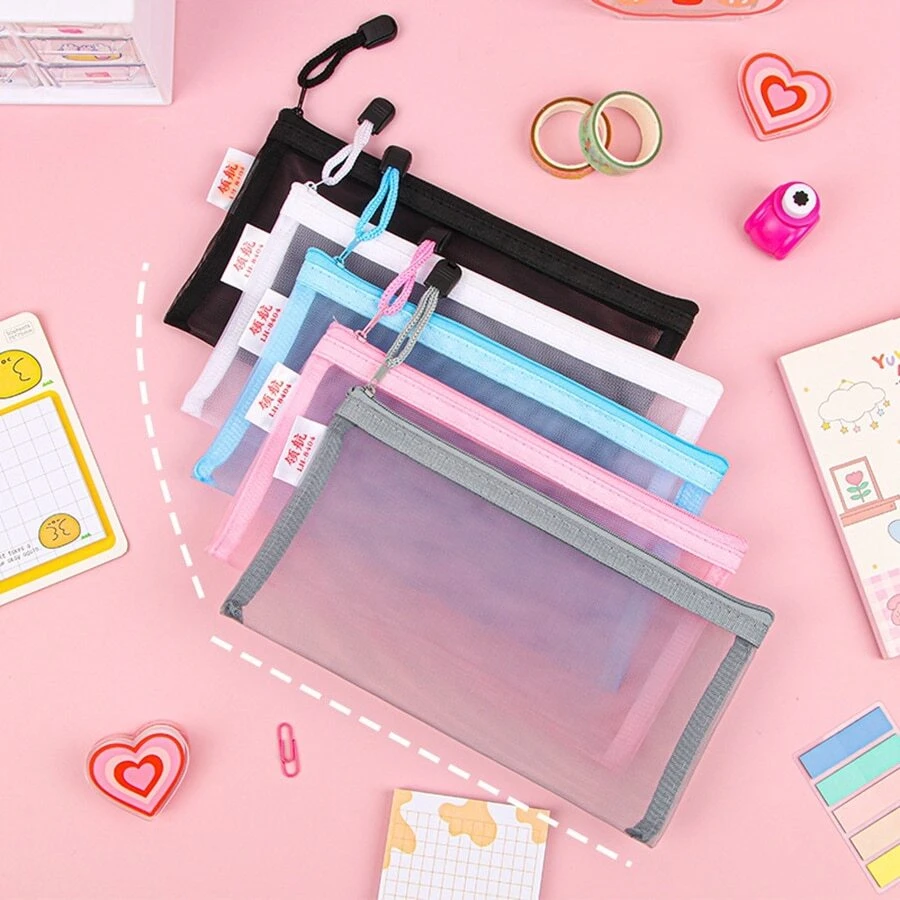 1set Large Capacity Clear Document Bag, Durable Nylon Mesh Stationery Bag With Zipper For Students And Office Workers - White - View 1