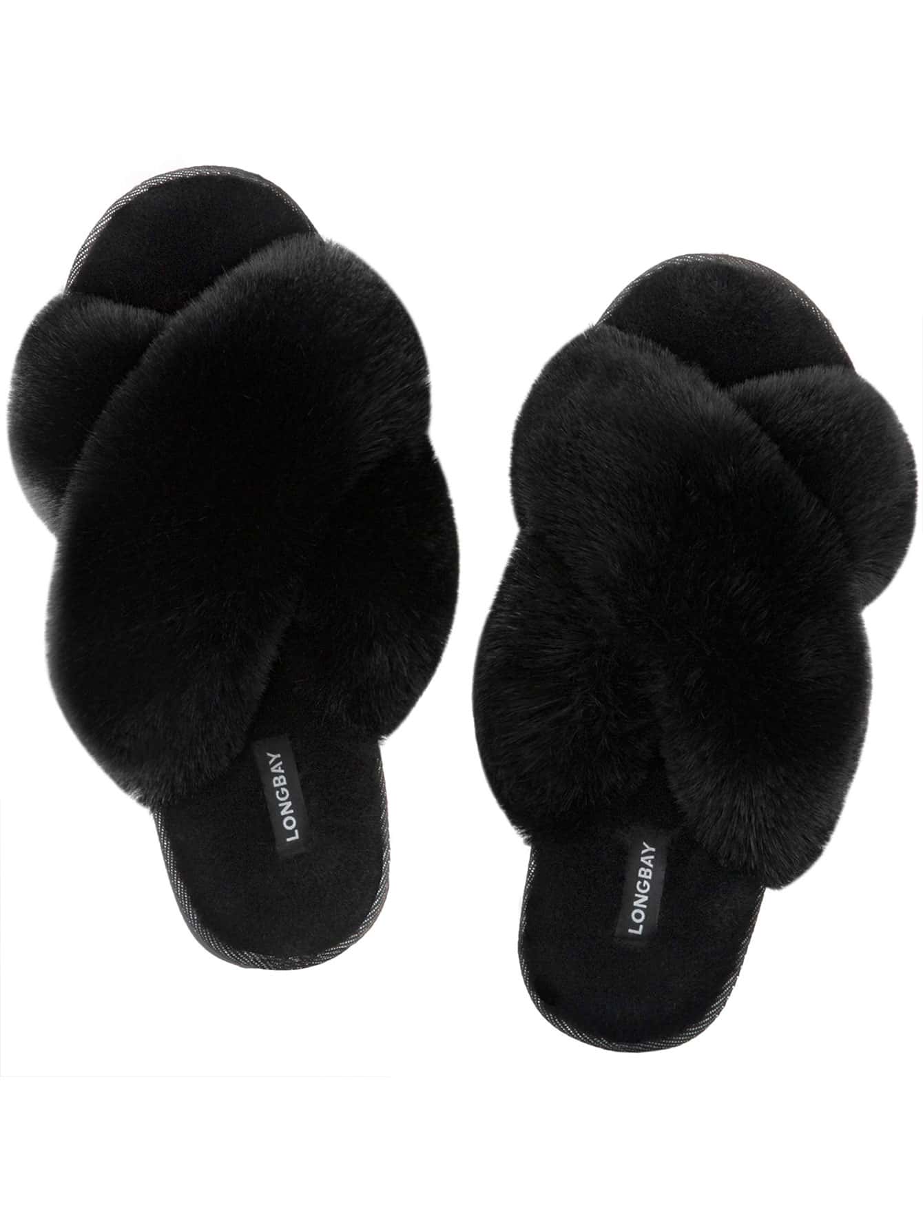 Women's Fuzzy Memroy Foam Cross Band Slide Slippers Open Toe House Shoes - 黑色 - 查看 1