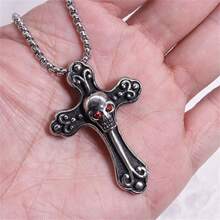 1入復古時尚不鏽鋼龐克骷髏頭吊墜頸鍊,鑲有鑽石,男士珠寶禮物,銀色