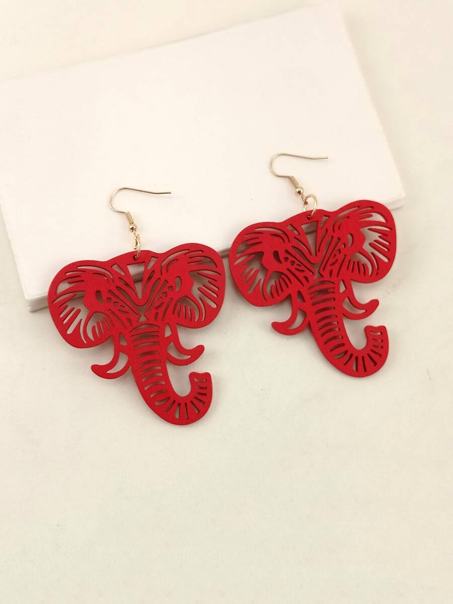 1 Paar Tier Thematische Ausgehöhlte Gebogene Nase Elefant Design Holz Ohrringe Für Frauen, Casual Stil - Rot - Übersicht 1
