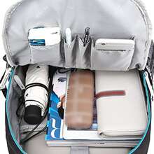 發光印刷帶15英寸筆電隔層的學校背包,牛津布材質(隨機條紋字母設計),多功能usb充電便攜輕巧背包,適用於男女孩女士上學或旅行 - 黑色 - 查看 5