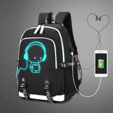 發光印刷帶15英寸筆電隔層的學校背包,牛津布材質(隨機條紋字母設計),多功能usb充電便攜輕巧背包,適用於男女孩女士上學或旅行 - 黑色 - 查看 1