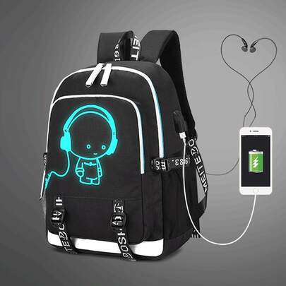 Luminous Printing School Backpack With 15-inch Laptop Compartment, Oxford Fabric (random Striped Letter Design) Multi-functional Usb Charging Portable Lightweight Backpack, Suitable For Boys And Girls Going To School Or Traveling