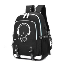 發光印刷帶15英寸筆電隔層的學校背包,牛津布材質(隨機條紋字母設計),多功能usb充電便攜輕巧背包,適用於男女孩女士上學或旅行 - 黑色 - 查看 6