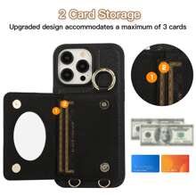 斜背皮夾式保護殼相容於 iPhone 14 Plus 13 12 11 Pro Max 豪華拉鍊手機殼卡包長肩帶皮夾套（黑色） - 黑色 - 查看 4