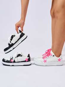 Fashion New Outdoor Women's Star Pattern Sneakers,Summer Preppy Look Lace Up Casual Sports Shoes - White - View 2
