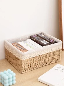 1pc Rattan Desktop Storage Basket, Simple Home Use Storage Box For Cosmetics, Snacks, And Miscellaneous Items