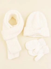 1套寶寶可愛針織帽子、手套&圍巾套裝,帶蝴蝶結,適用於女孩日常穿著的戶外冬季暖羊毛帽子 - 白色 - 查看 1