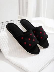 女性愛心刺繡毛茸茸臥室滌綸時尚家居拖鞋 - 黑色 - 查看 6