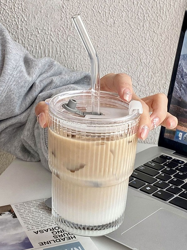 1 Pieza Taza De Agua De Vidrio Transparente Redonda Simple Y Bonita Con Tapa, Taza De Café Resistente Al Calor Con Fondo Plano Para Uso En El Hogar