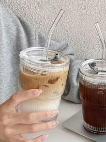 1pc 400ml/600ml Korean Style Round Glass Water Cup, Minimalist & Beautiful With Lid, Transparent Flat Bottom Heated Cup, Home & Coffee Use