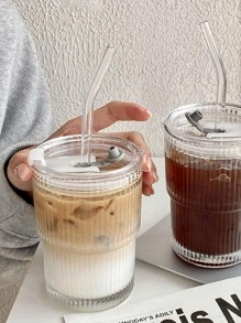 1pc 400ml/600ml Korean Style Round Glass Water Cup, Minimalist & Beautiful With Lid, Transparent Flat Bottom Heated Cup, Home & Coffee Use