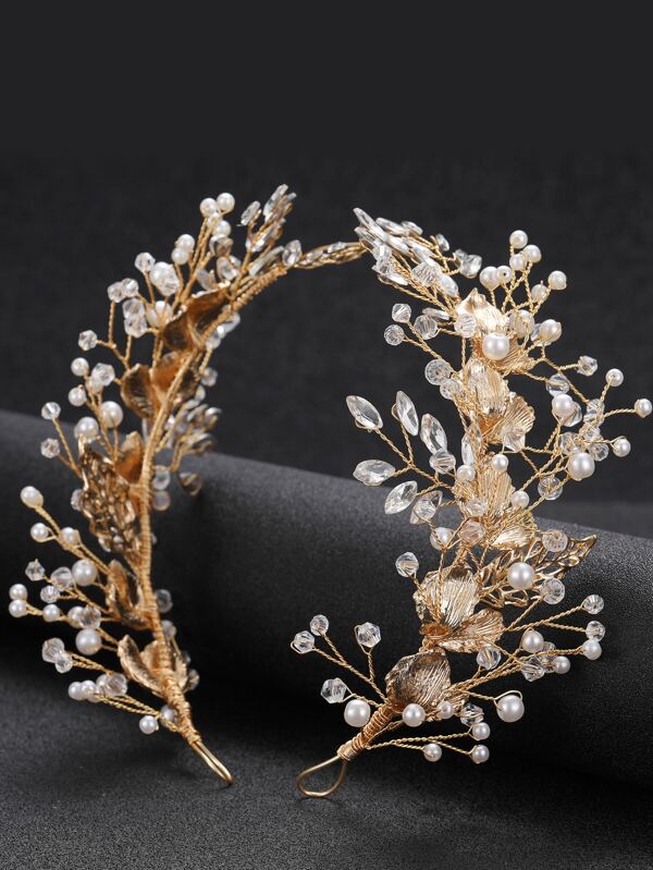 1 pieza Diadema elegante de cadena suave en forma de hoja de boda para mujer con detalles de perlas falsas de aleación y diamantes de imitación