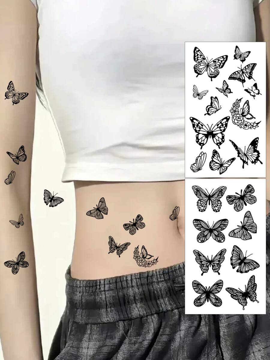 （2 件/套）蝴蝶印花防水持久临时纹身贴纸，适合男士、女士和儿童 - 黑色 - 查看 1