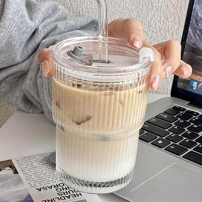 1pc 400ml/600ml Korean Style Round Glass Water Cup, Minimalist & Beautiful With Lid, Transparent Flat Bottom Heated Cup, Home & Coffee Use