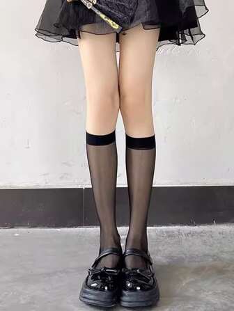1pair Women's Summer Thin Lolita Style Sexy Socks, Lovely & Seductive Transparent Mid-Calf Stockings, Fall Socks