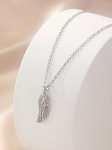 1件银色不锈钢奢华水钻羽毛翅膀吊坠项链，时尚简约休闲风格男女通用情侣项链 - 銀色 - 查看 1