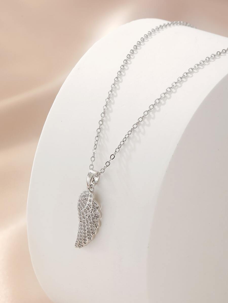 1件银色不锈钢奢华水钻羽毛翅膀吊坠项链，时尚简约休闲风格男女通用情侣项链 - 銀色 - 查看 1