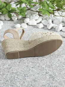 Damen Wedges mit geschlossener Spitze, aus Spitze und Netzgewebe, gewebte Stroh-Keilabsatz und dicker Sohle, Sommer - Beige - Übersicht 7