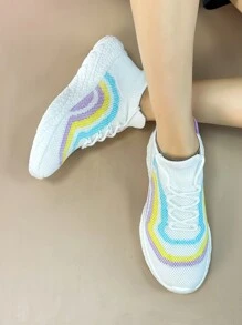 Unisex Couple's Low Top Breathable Sneakers, Stretch Fabric, Popcorn Sole, Multiple Purpose Shoes For Running And Daily Wear, White