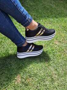 Tenis de plataforma alta color negro cómodos - Negro - Ver 6